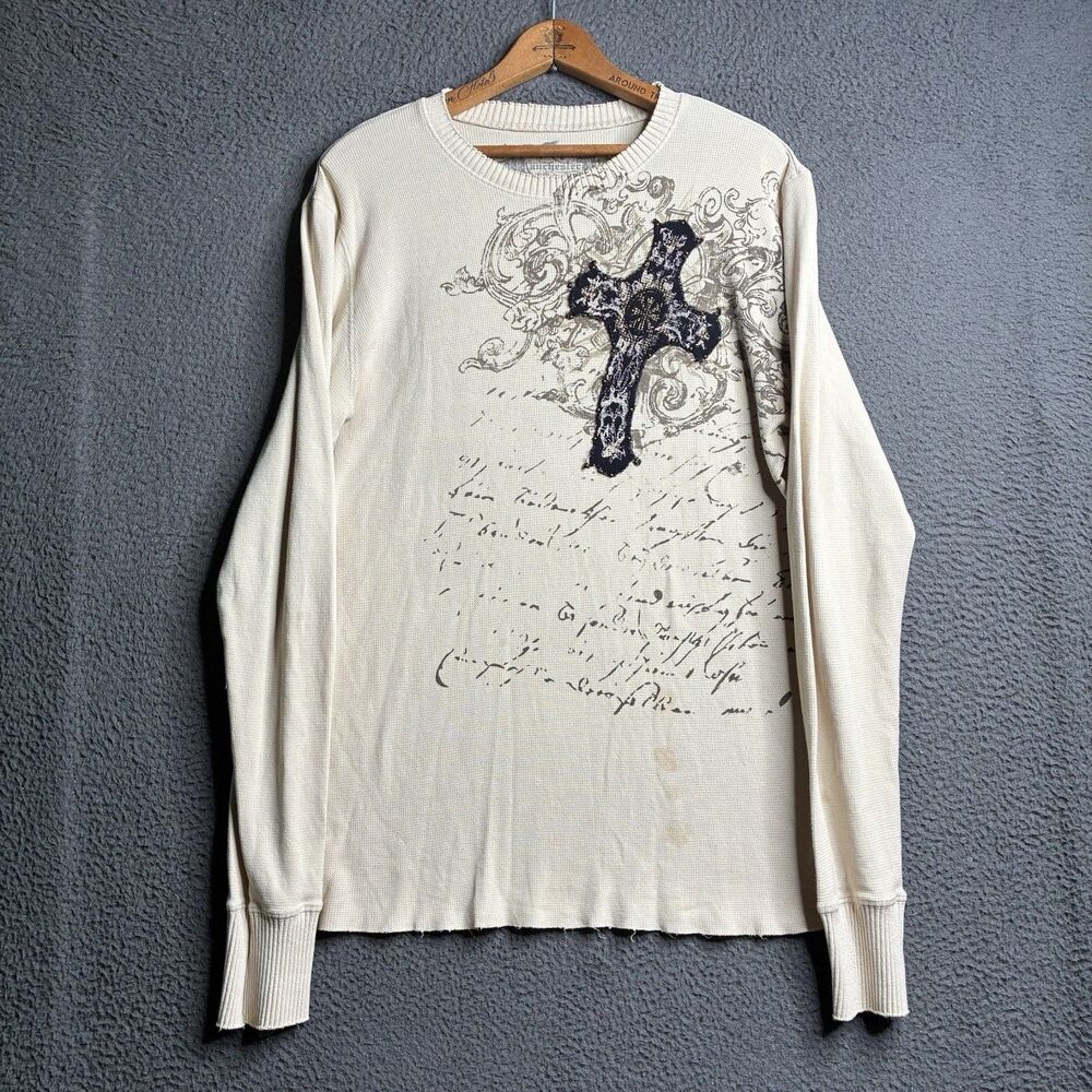 Vintage Y2K MMA Long Sleeve Shirt Large Grunge Tee Waffle Knit Cyber Cross